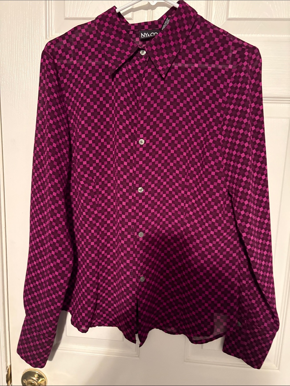 New York & Company Pink and Purple Checkered Button-Down Shirt